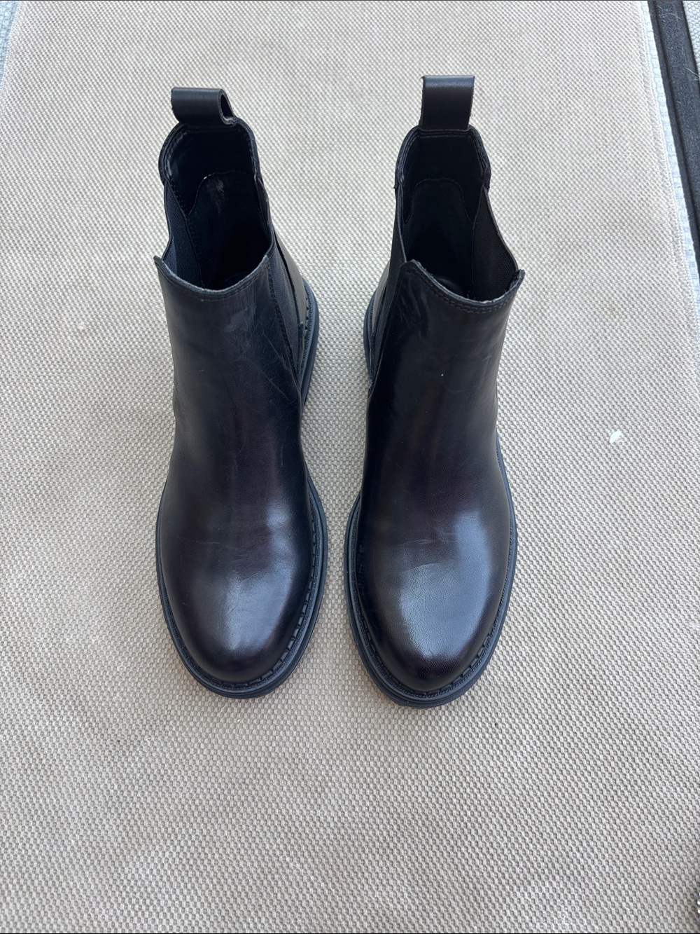 Copper Key Black Leather Ankle Boots with Pearl Medallions